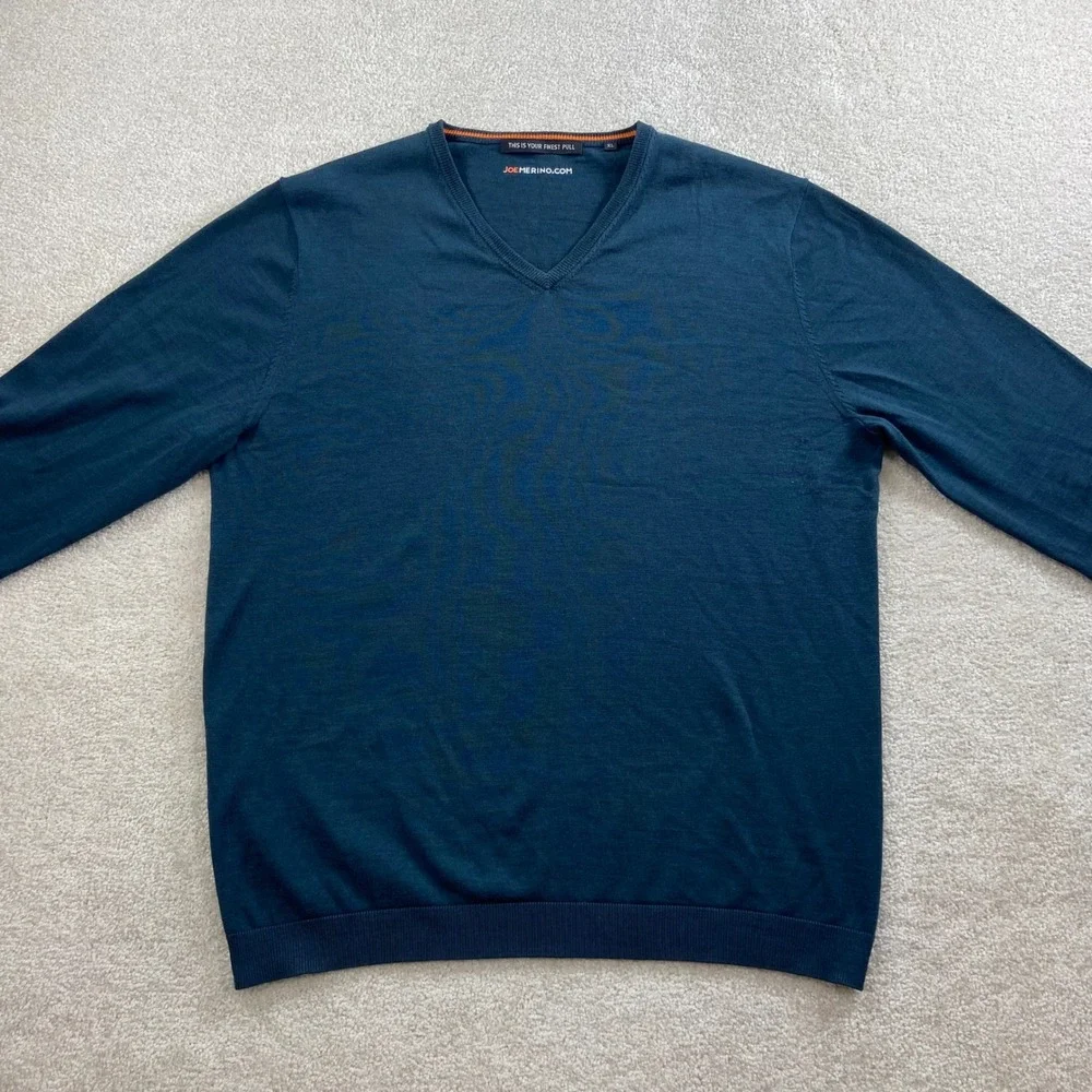 Joe Merino V-Neck Sweater Mens XL Blue 100% Extrafine Merino Wool Leo Knit
